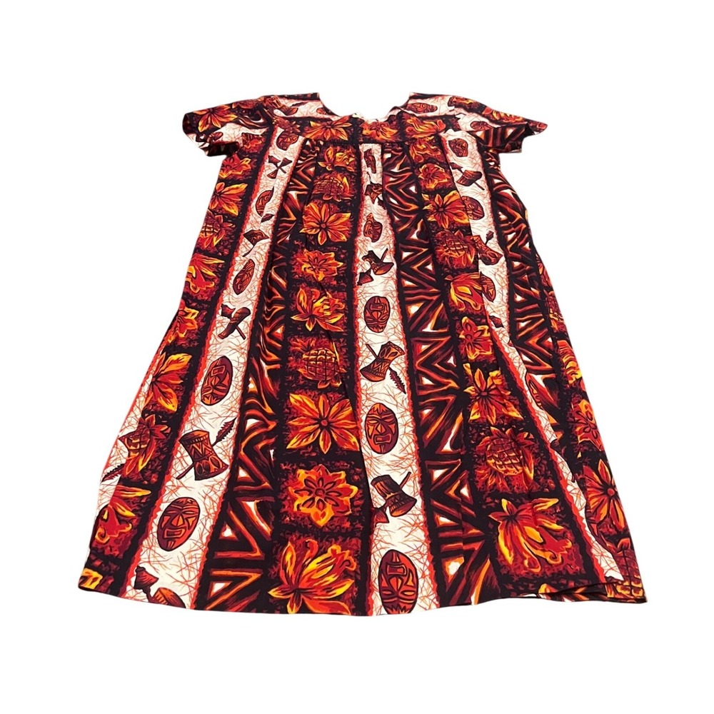 Vintage Ui-Maikai Dress L Red Orange Tiki Mask Tribal Floral Cotton Hawaii